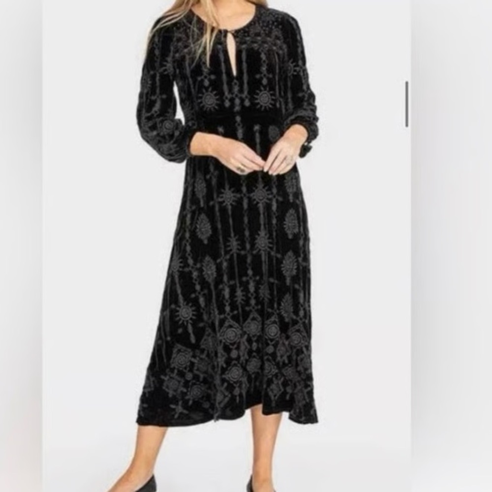 Johnny Was Velvet Embroidered Dress Black XS Boho Luxe Elegant